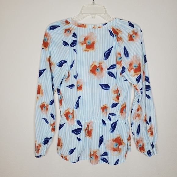 Tucker Blue V Neck Striped Floral Print Silk Tie Neck Party Blouse Top - Picture 7 of 11